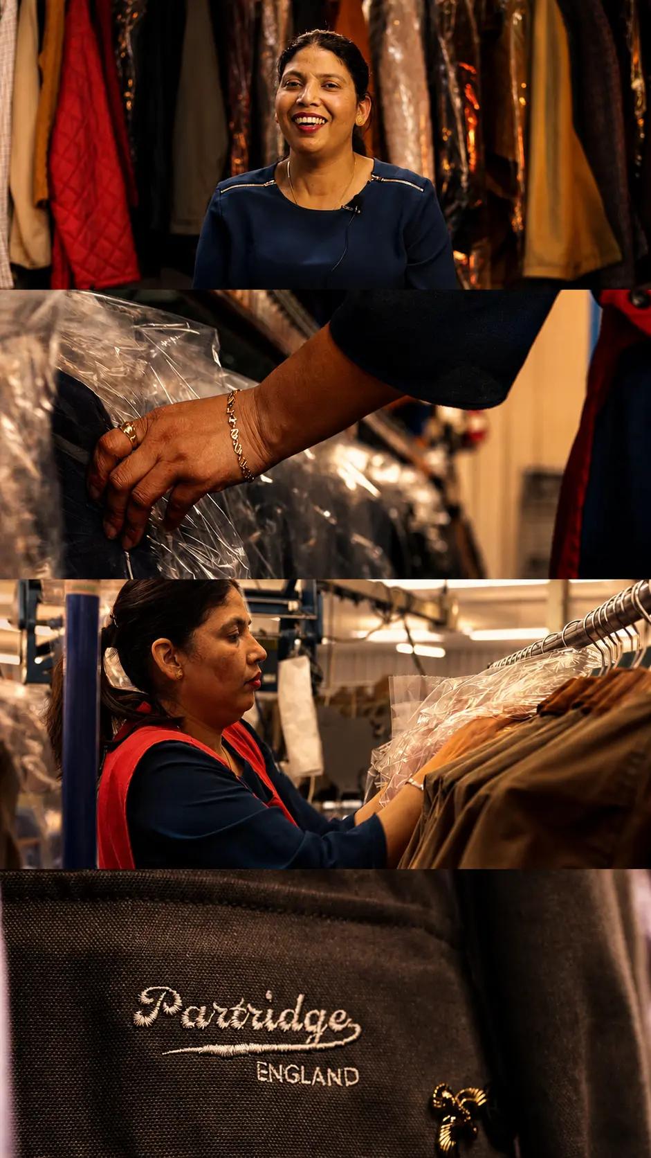 Frames from a factory film showing a smiling worker, garment bagging and an embroidered Partridge England label