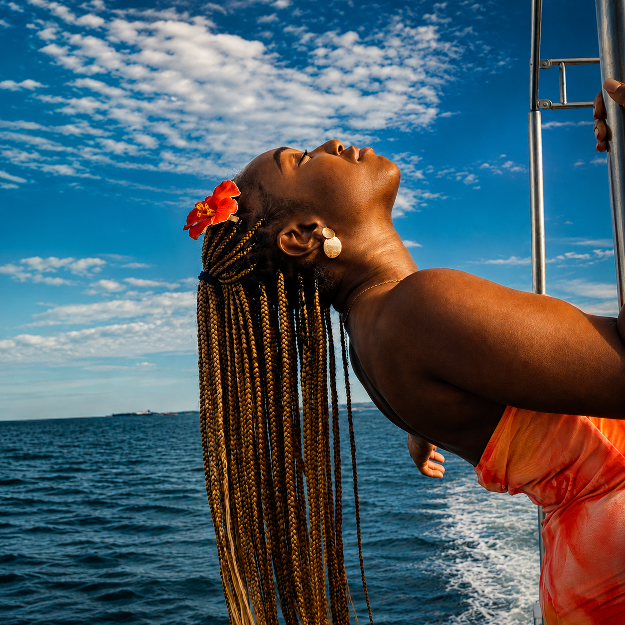 Woman leaning back off the side of a boat with braids falling toward the sea and a hibiscus in her hair