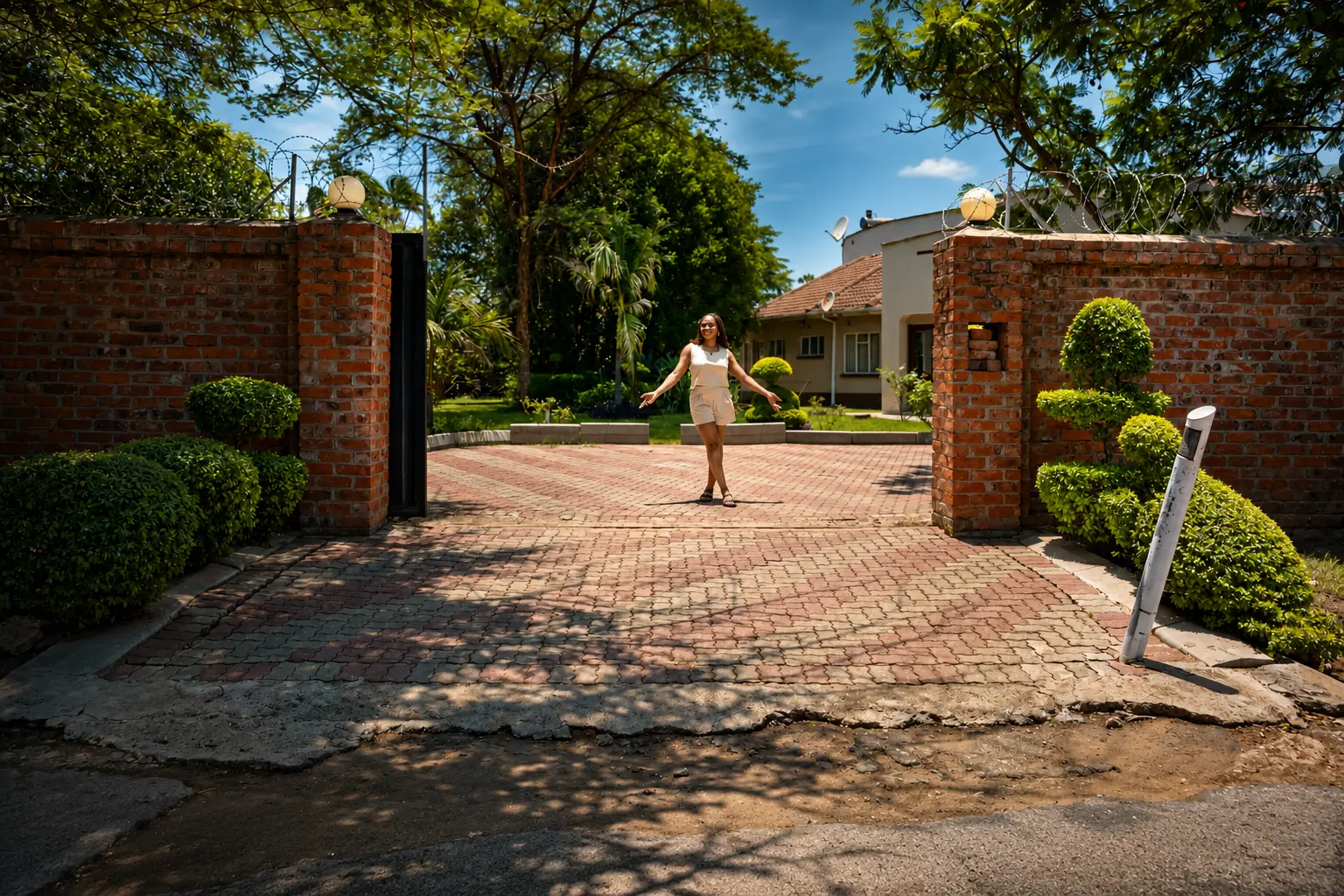 Woman walking through open brick gates onto a paved driveway with arms outstretched
