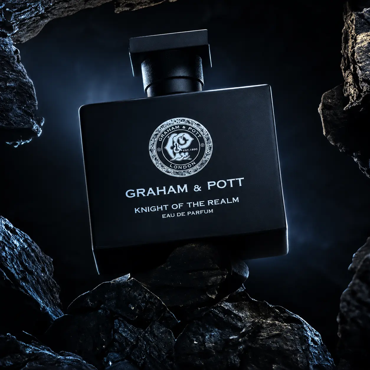 Graham & Pott Knight of the Realm bottle lit between dark rocks