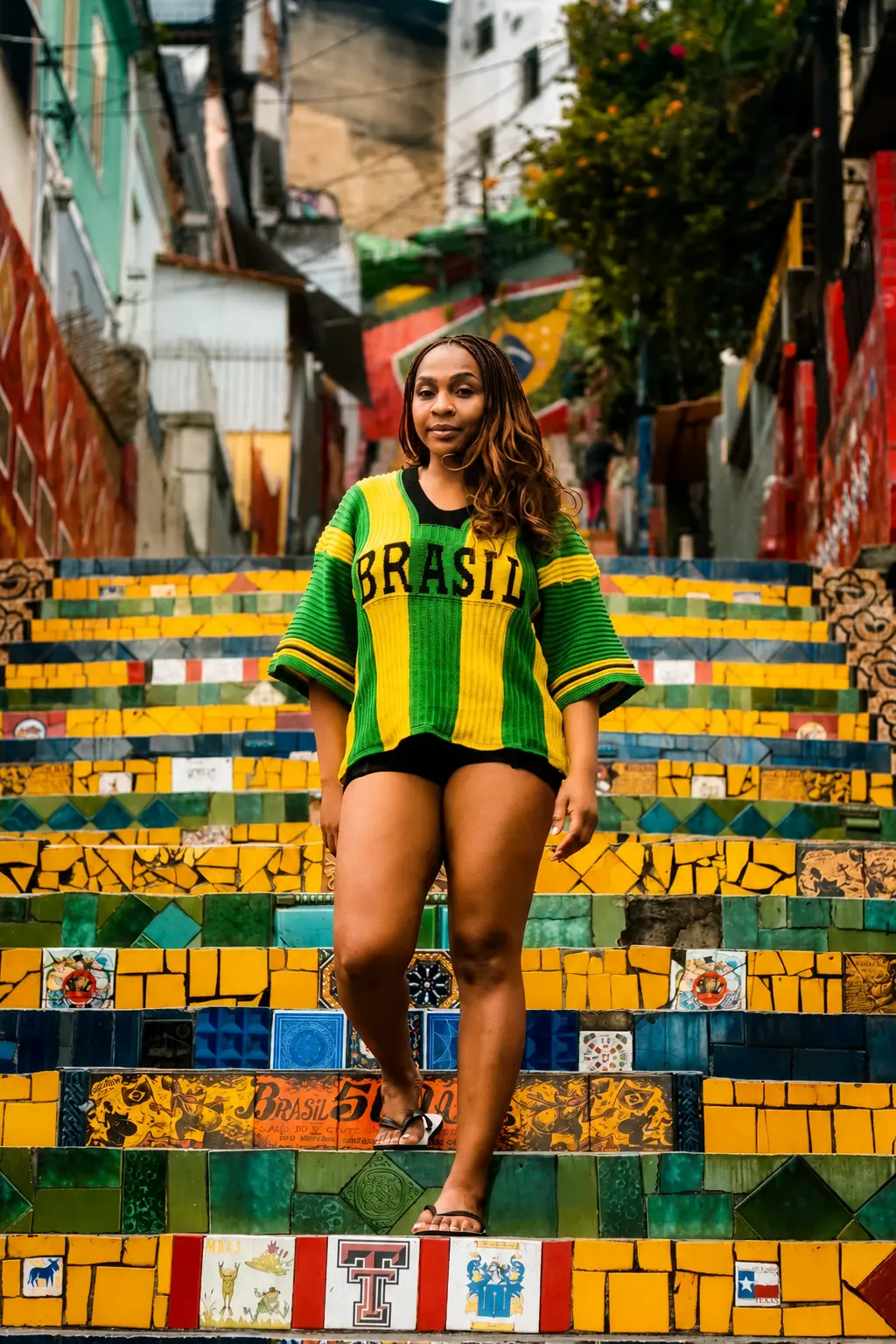 Woman in a Brasil shirt standing on the tiled Selarón Steps in Rio de Janeiro