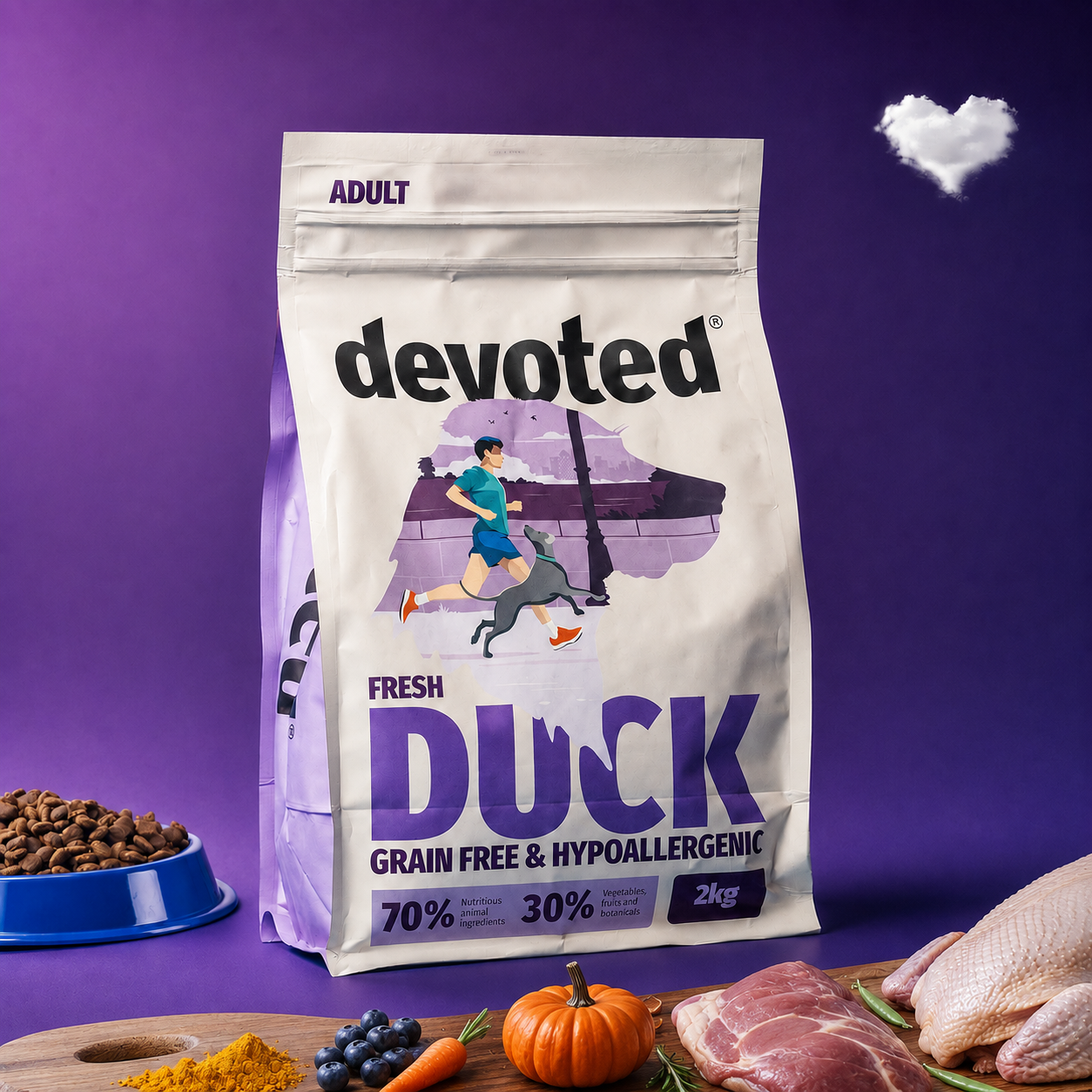 Devoted fresh duck dog food bag on a purple backdrop with raw ingredients and a heart-shaped cloud