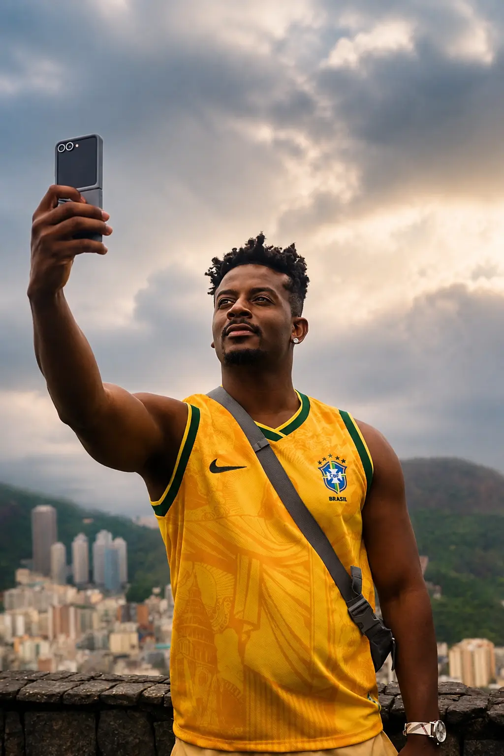 Man in a yellow Brazil jersey taking a selfie above the Rio skyline under heavy cloud