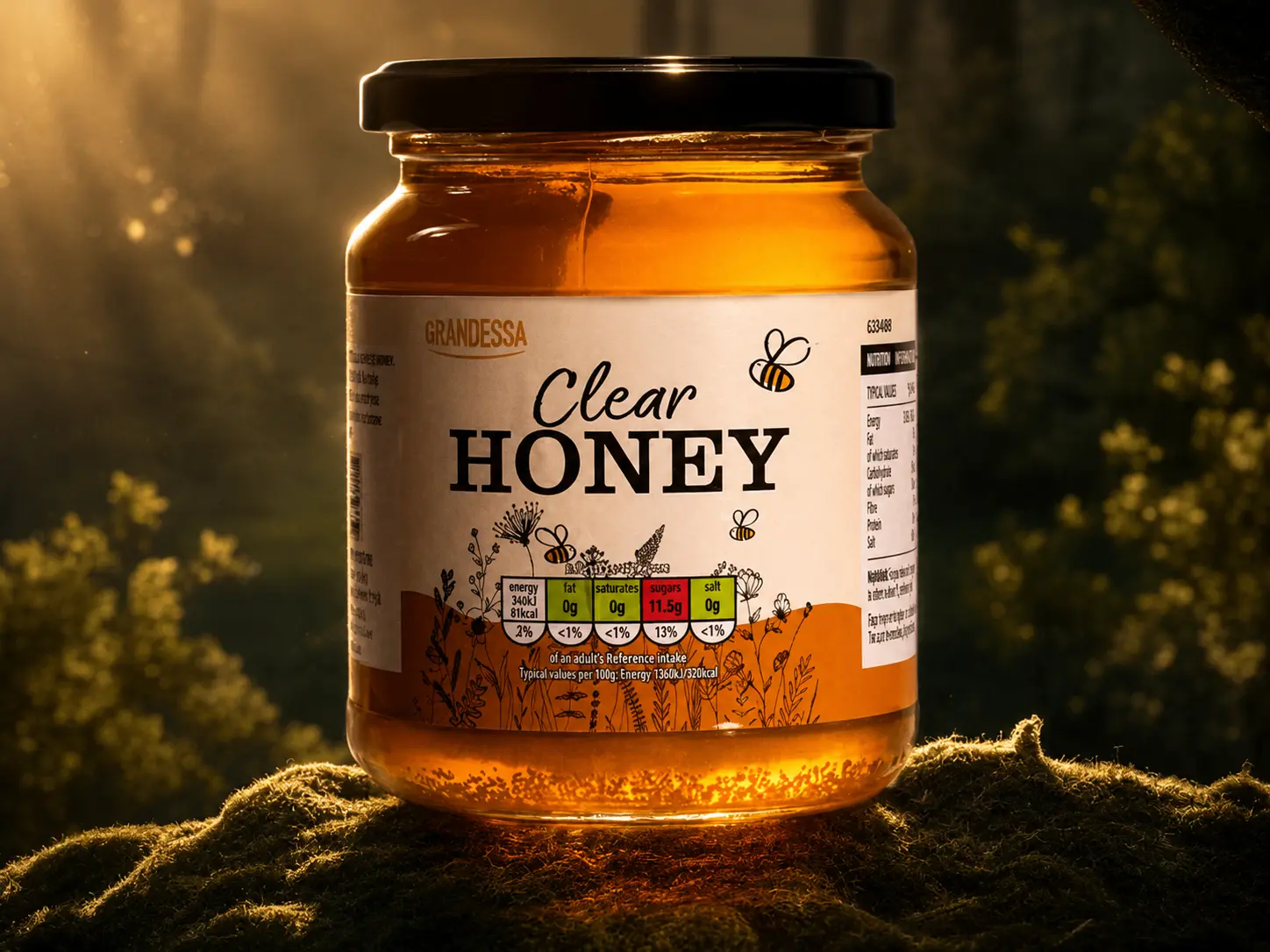 Jar of Grandessa clear honey lit by low sun on a mossy log in woodland