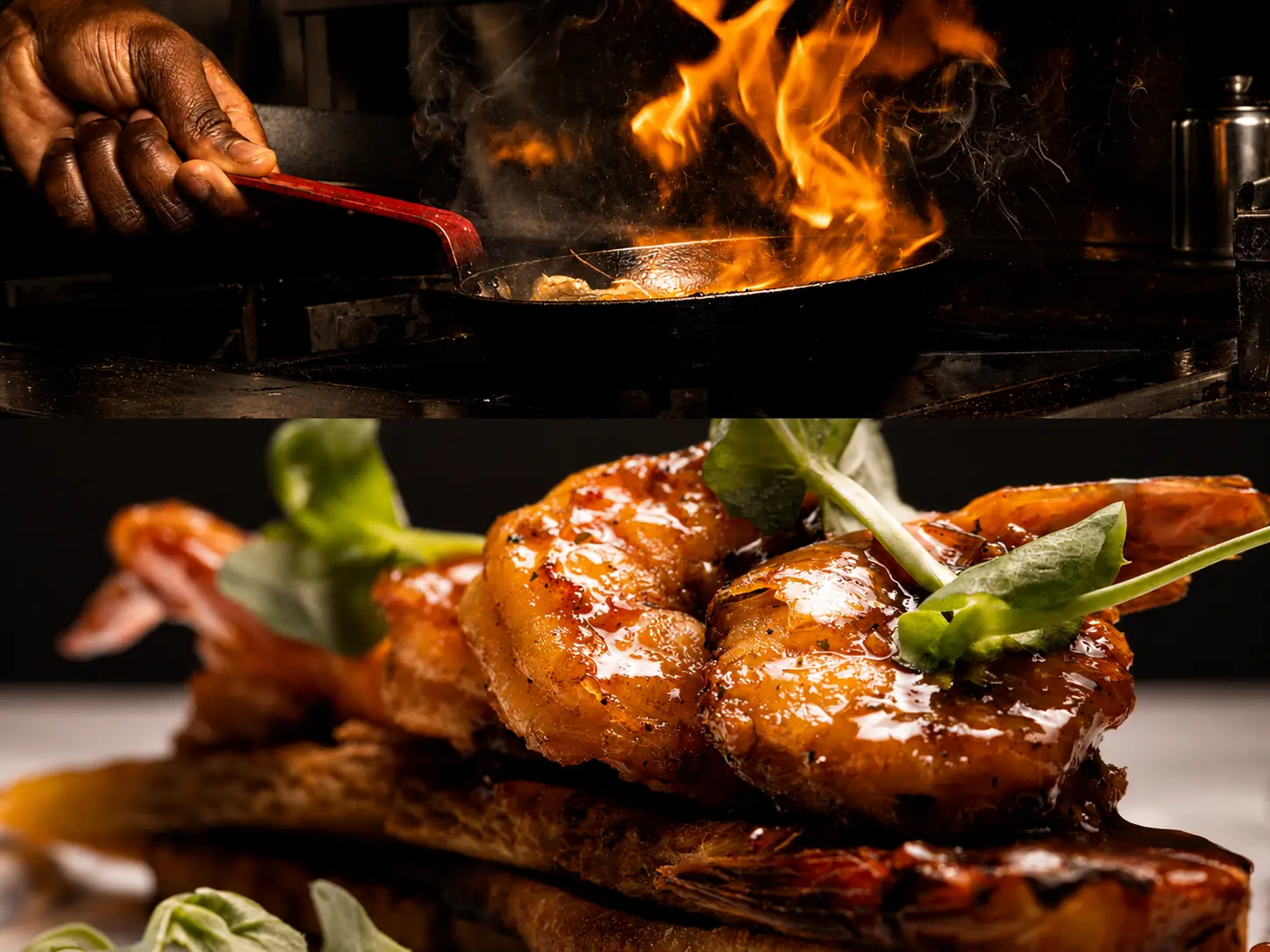 Split frame of a flaming pan on a stove above glazed king prawns plated with fresh leaves