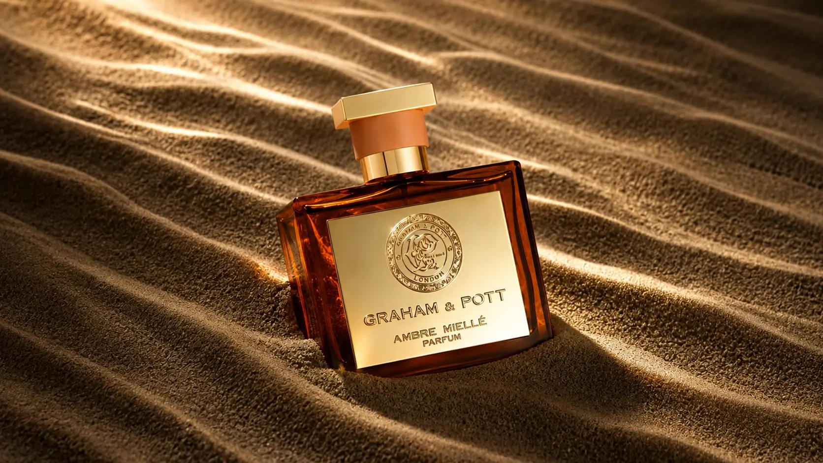 Ambre Miellé perfume bottle resting in rippled golden sand