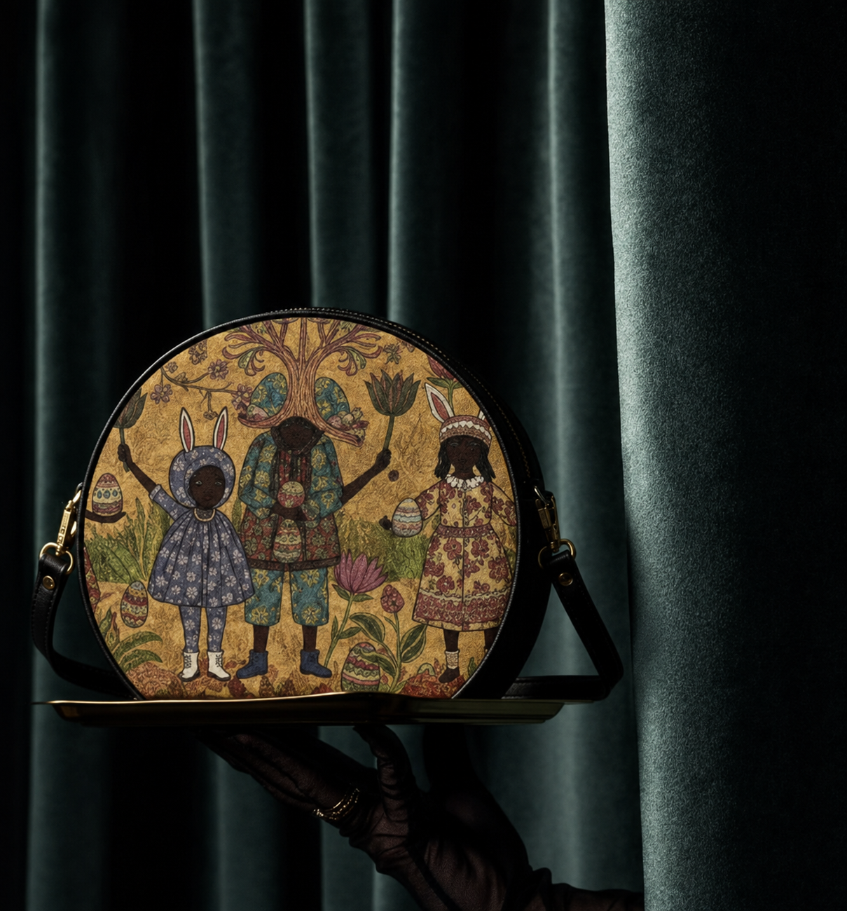 Round illustrated leather bag presented on a gold tray by a gloved hand against a deep green velvet curtain