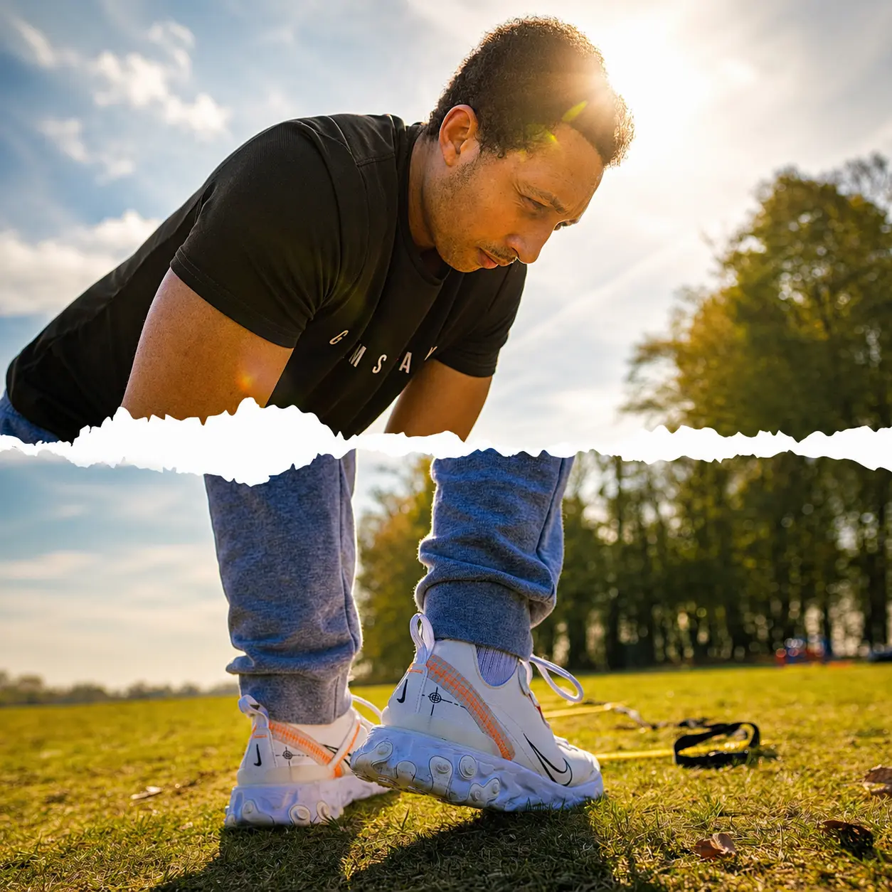 Torn-paper split frame of a man mid press-up in a park during golden hour