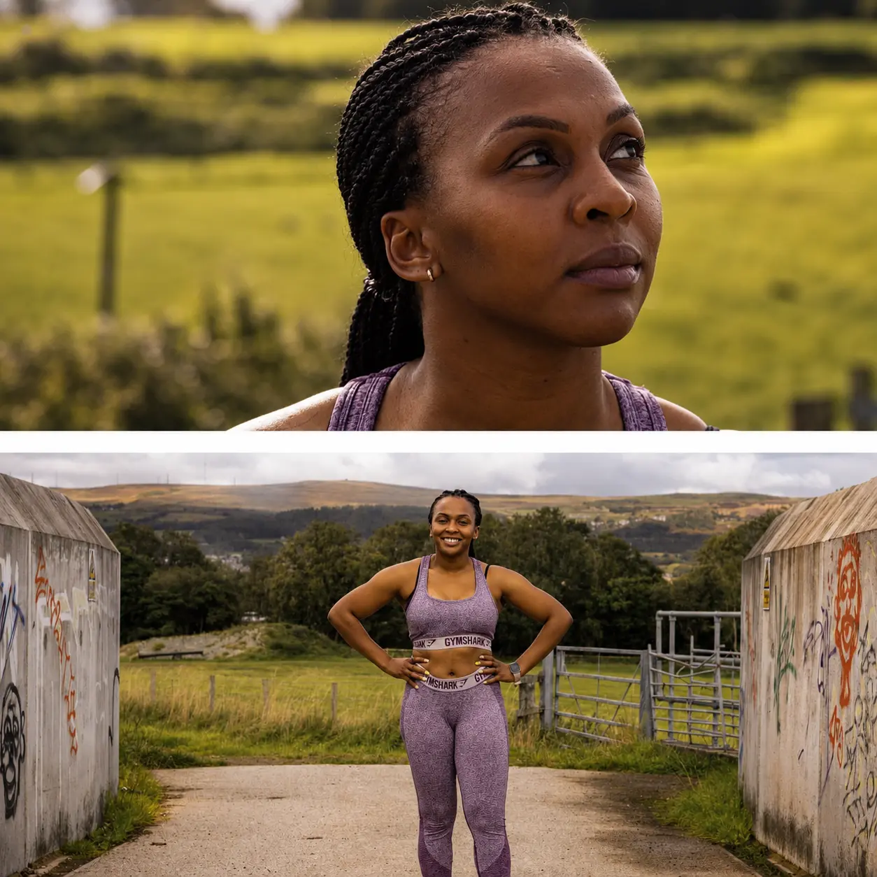 Diptych of an athlete in training kit, close portrait above and full-length stance below on a countryside path