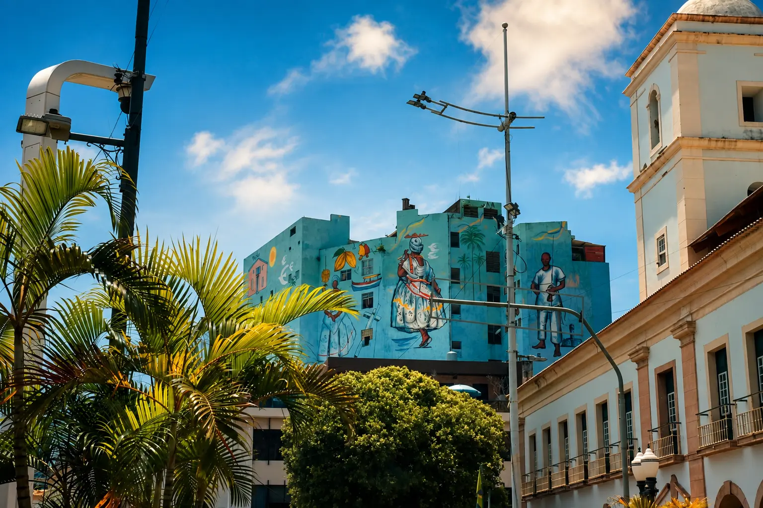 Blue painted mural of Bahian figures on a building above palms and colonial rooftops