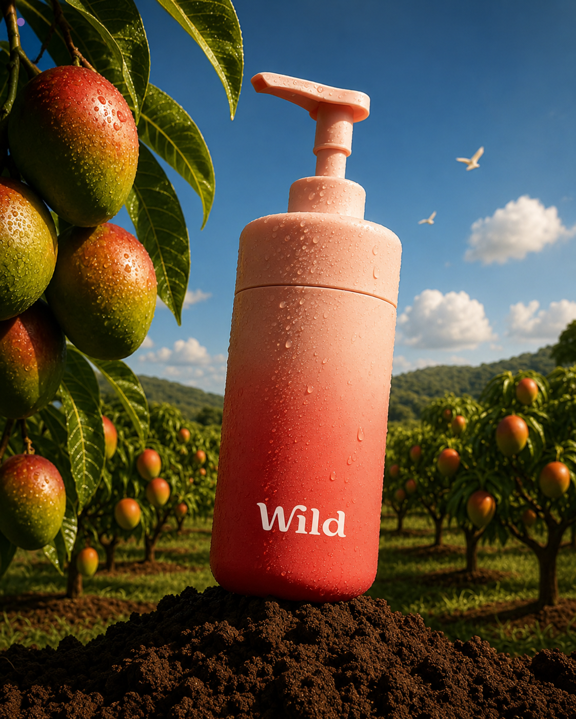 Wild refillable body wash bottle covered in water droplets standing on soil in a mango orchard